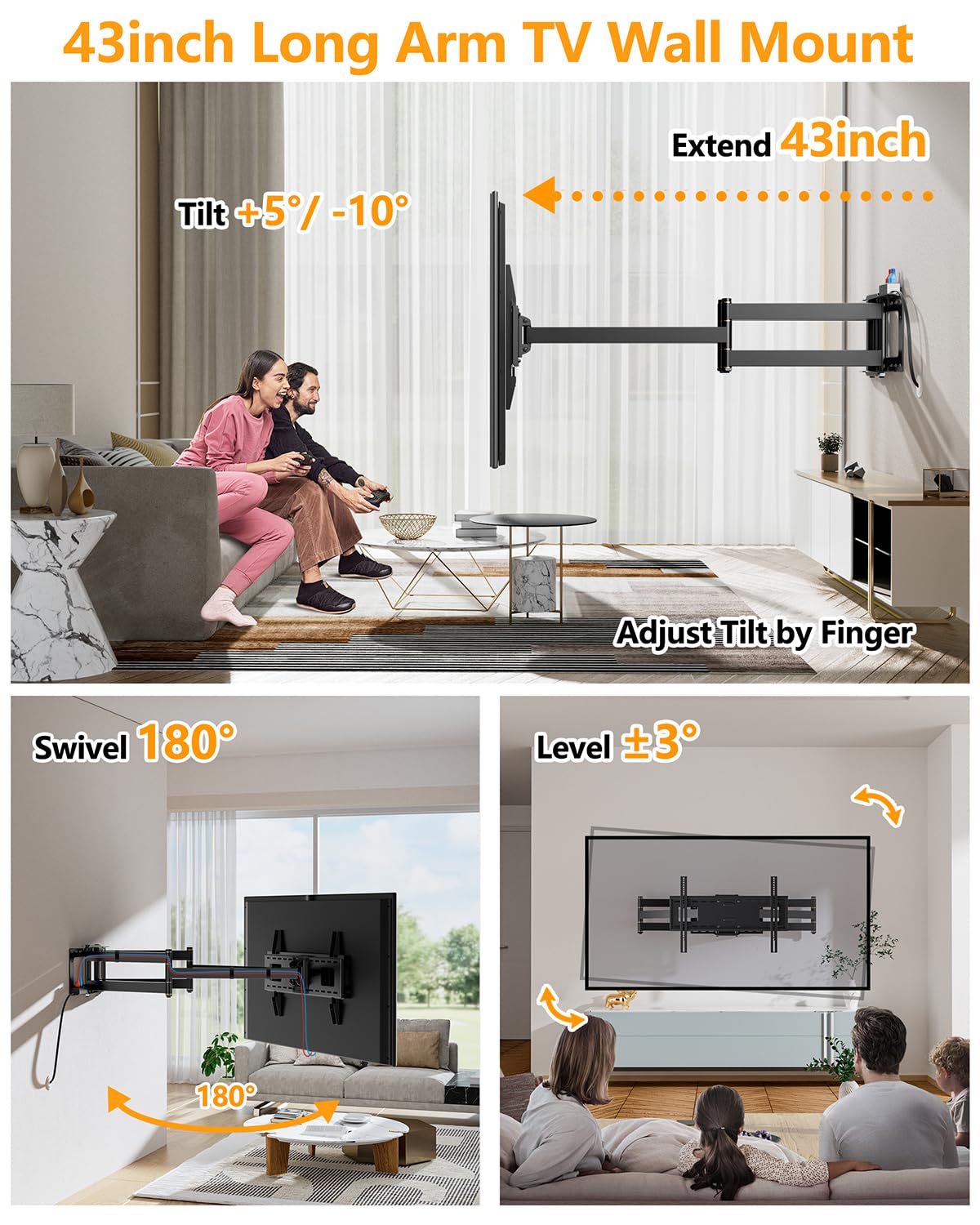 Long Arm 43inch Long Extension TV Mount with Power Outlet, Full Motion Wall Mount Dual Articulating Arm TV Bracket, Fits 50-90inch Flat Curve TVs, up to 198lbs VESA 600x400mm