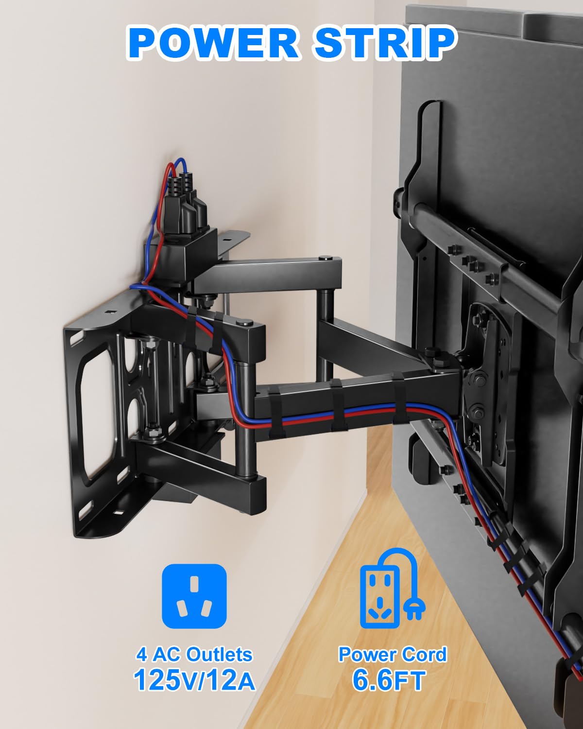 Full Motion TV Wall Mount for Most 32-75 inch with Power Outlet, 15.2" Heavy Duty Dual Swivel Articulating Tilt 6 Arms, Max VESA 600x400mm, Holds up to 132lbs