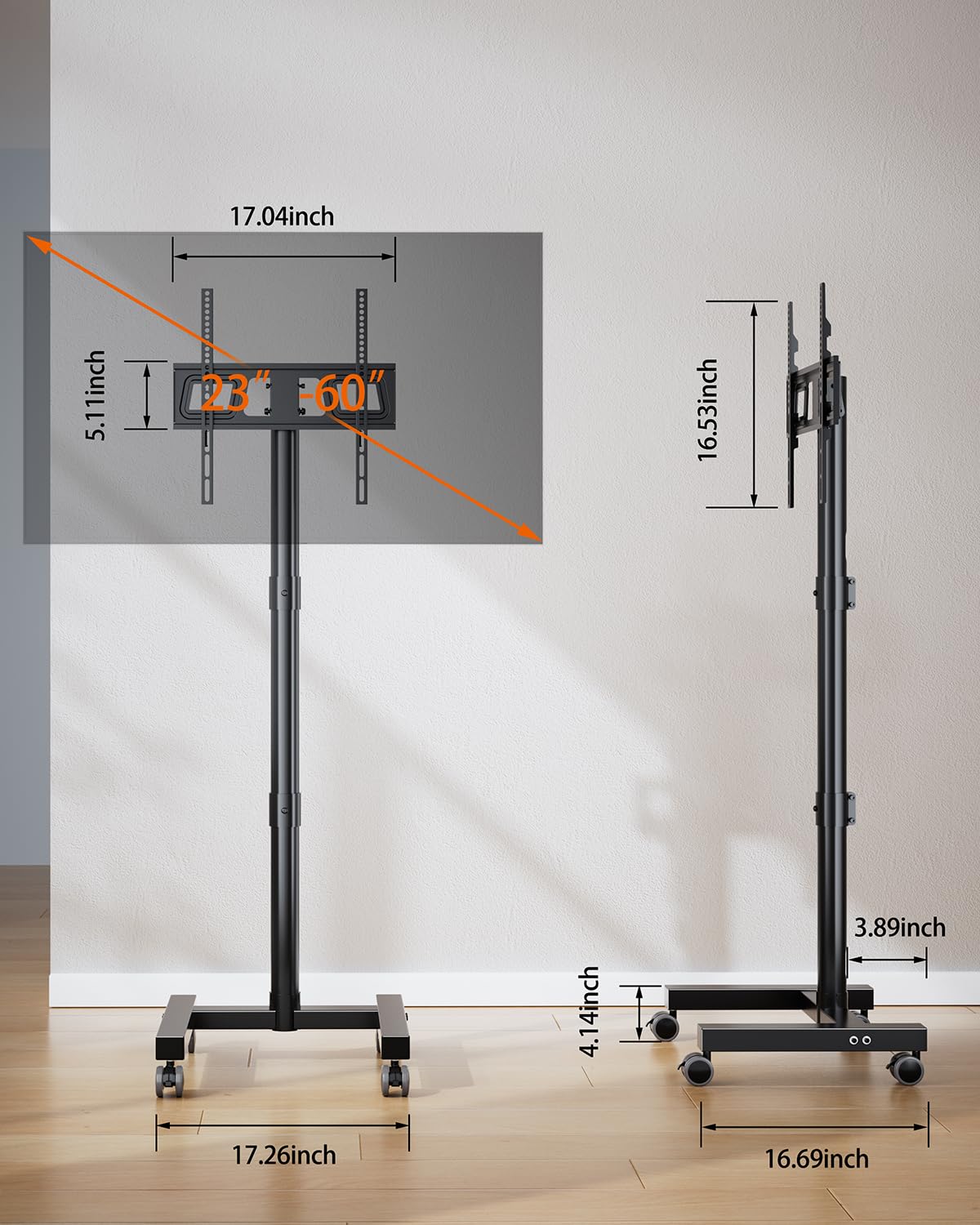 Mobile TV Cart with Wheels for 23-60 Inch LCD LED OLED Flat Curved Screen TVs, Rolling TV Stand Height Adjustable Tilt Holds Up to 88lbs, Portable Floor Stand Max VESA 400x400mm