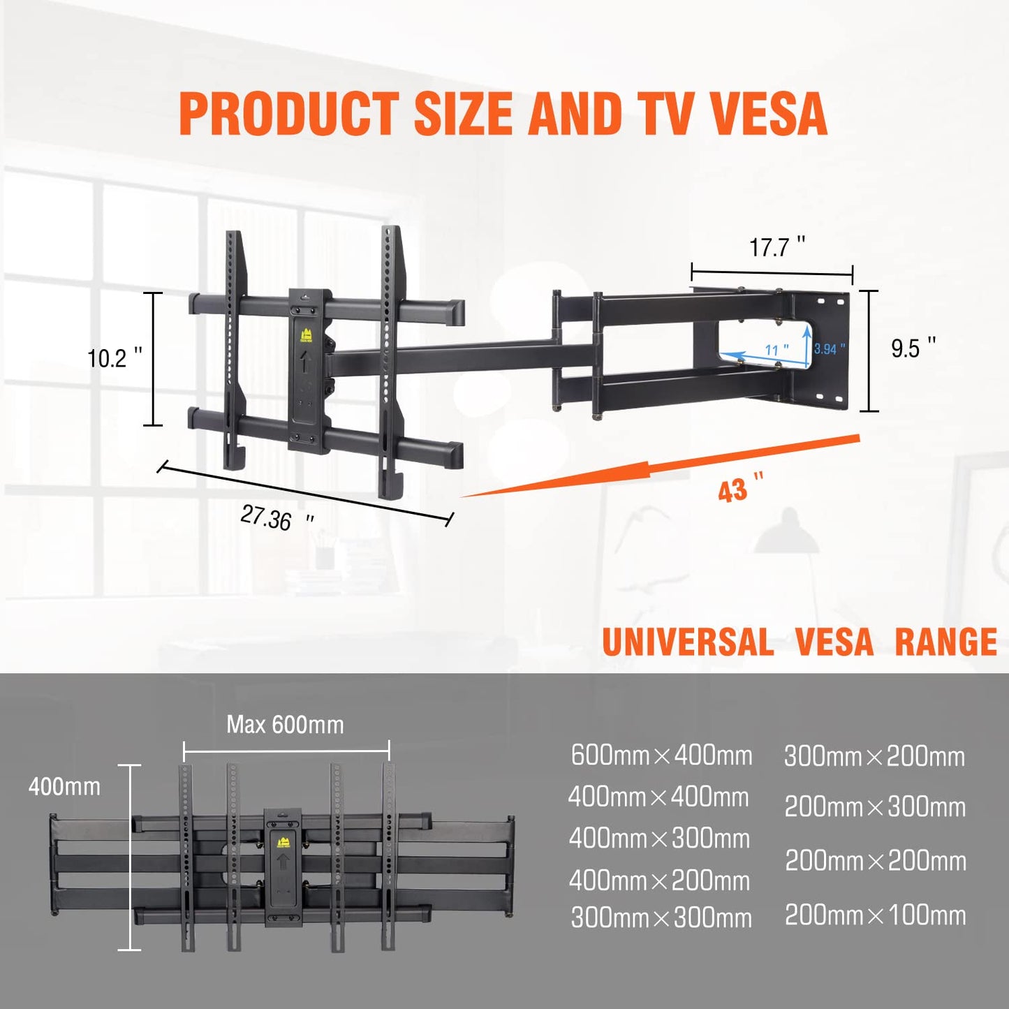Long Arm TV Wall Mount Bracket,Dual Articulating Arm Full Motion TV Mount with 43inch Long Extension Swivel Tilt Level,Fits 50-100" TVs,Holds 198 lbs,VESA 800x400mm-EP9451-B