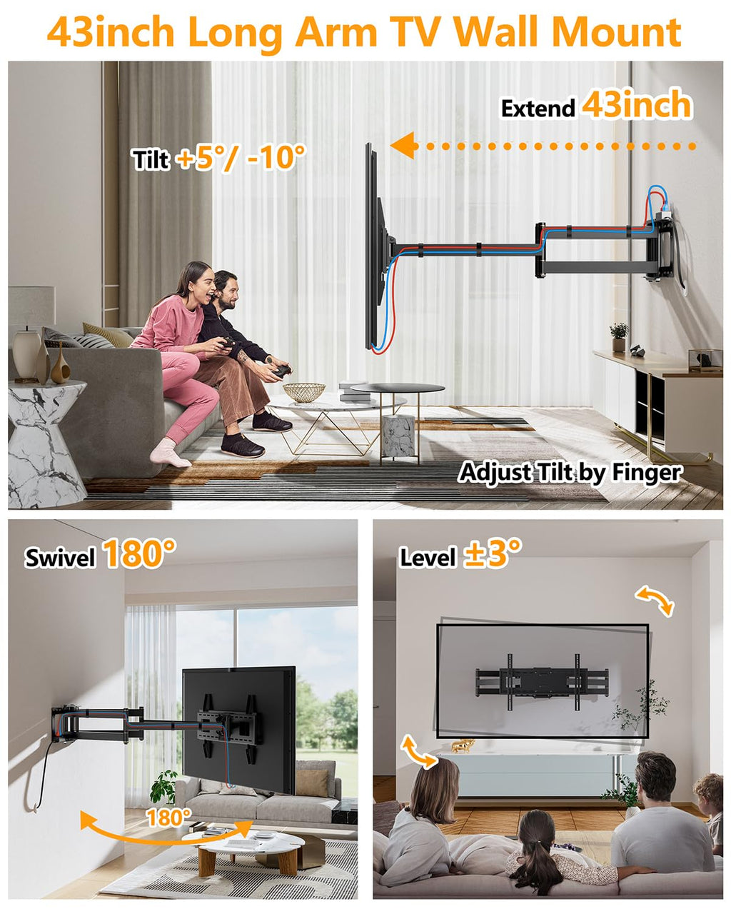 Long Reach TV Wall Bracket Mount Swivel Tilt Full Motion TV Bracket 43 inch Articulating Arm Wall Mount,Fits 50 to 100 Inch Flat/Curve TVs,Holds 198LBS,VESA 800x600mm HY9462-B