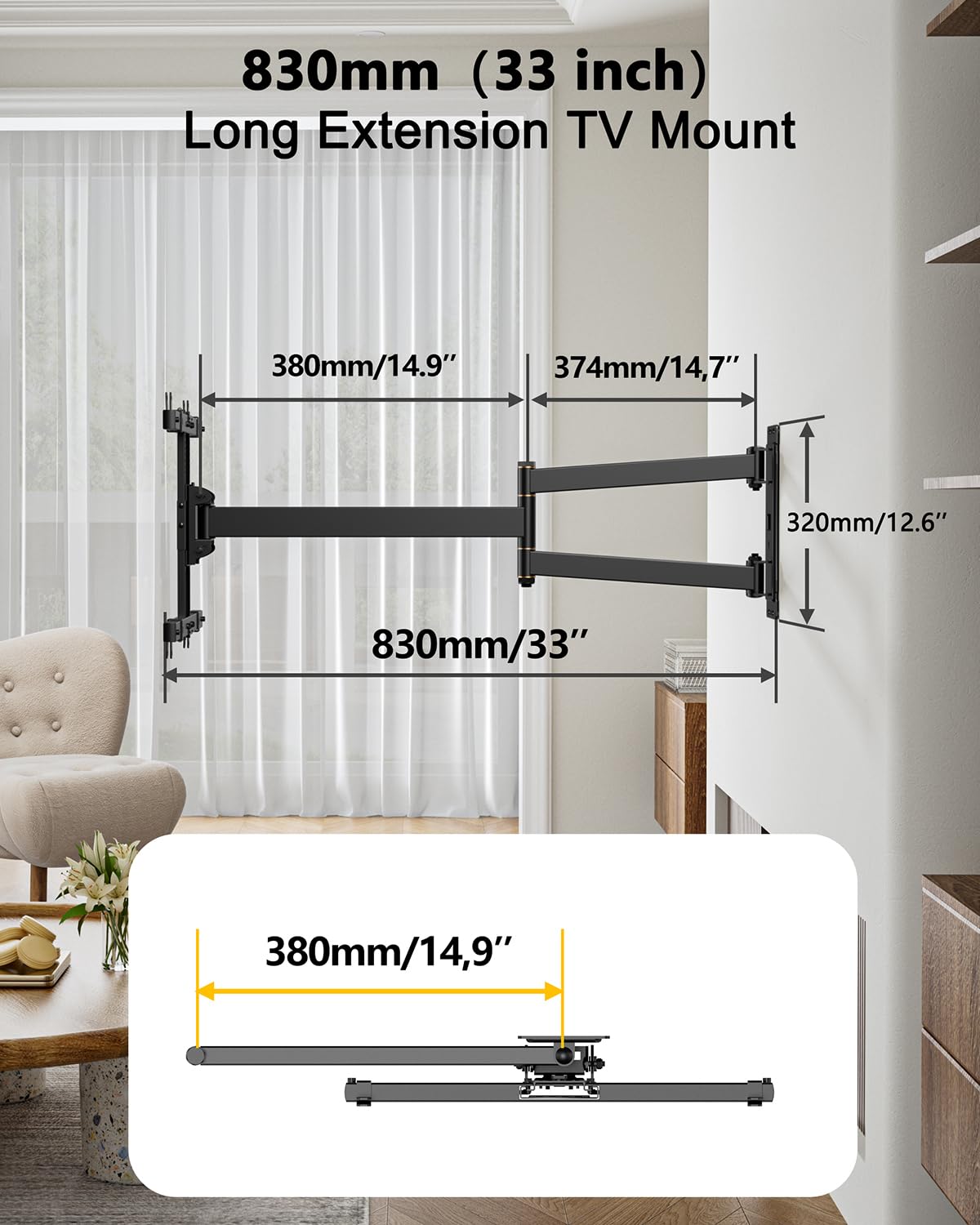 Corner TV Mount Long Arm TV Wall Mount Bracket for 27-70" Screen,VESA 400x400mm, Holds 100 lbs HY9488-B