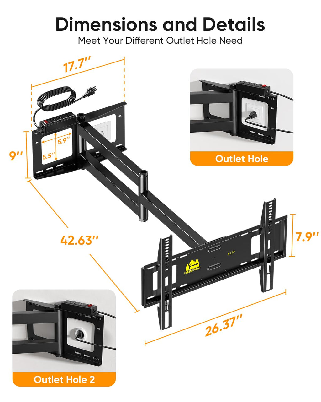 42 inch Long Arm TV Wall Mount with Power Strip, Full Motion Long Extension Articulating Corner TV Mount for 37 to 80 Inch Flat/Curve TVs, MAX VESA 600x400mm, Holds up to 110 lbs