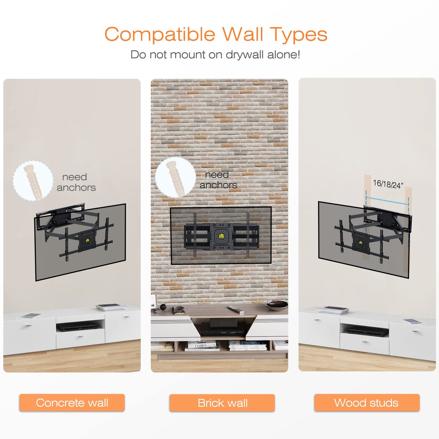 TV Wall Mount Full Motion with 36" Extension Dual Articulating for 42"-90" Flat Curved TVs, Max VESA 600x400mm Holds up to 198lbs HY9399-B
