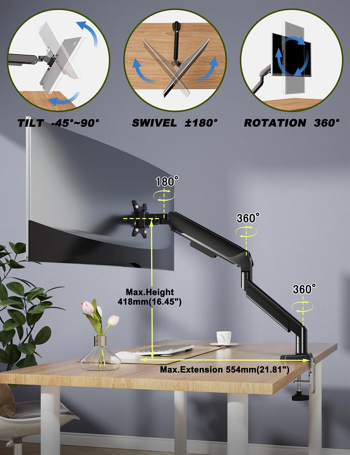 FORGING MOUNT Heavy Duty Single Monitor Arm Stand Fits 17-42" Computer Screen, Adjustable Gas Spring Desk Mount Holds up to 33lbs, Full Motion with Clamp/Grommet Base, VESA Mount 75x75/100x100