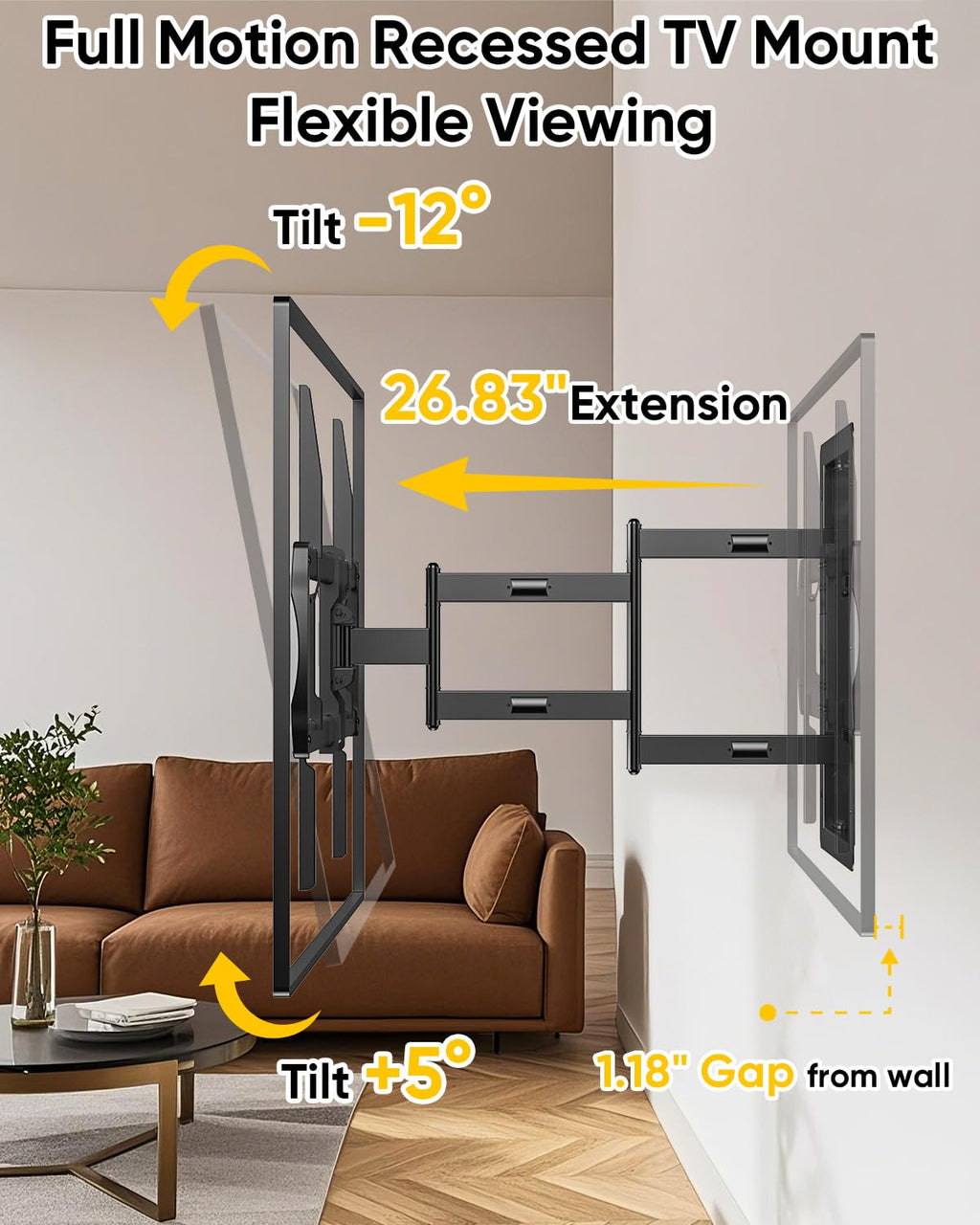 Recessed TV Wall Mount for 50-100" TVs, Holds 176 lbs, VESA 800X600 Heavy Duty Full Motion in-Wall TV Mount for Flush Installation,Tilts, Swivels,Low Profile Design,Fits 16" Wood Stud
