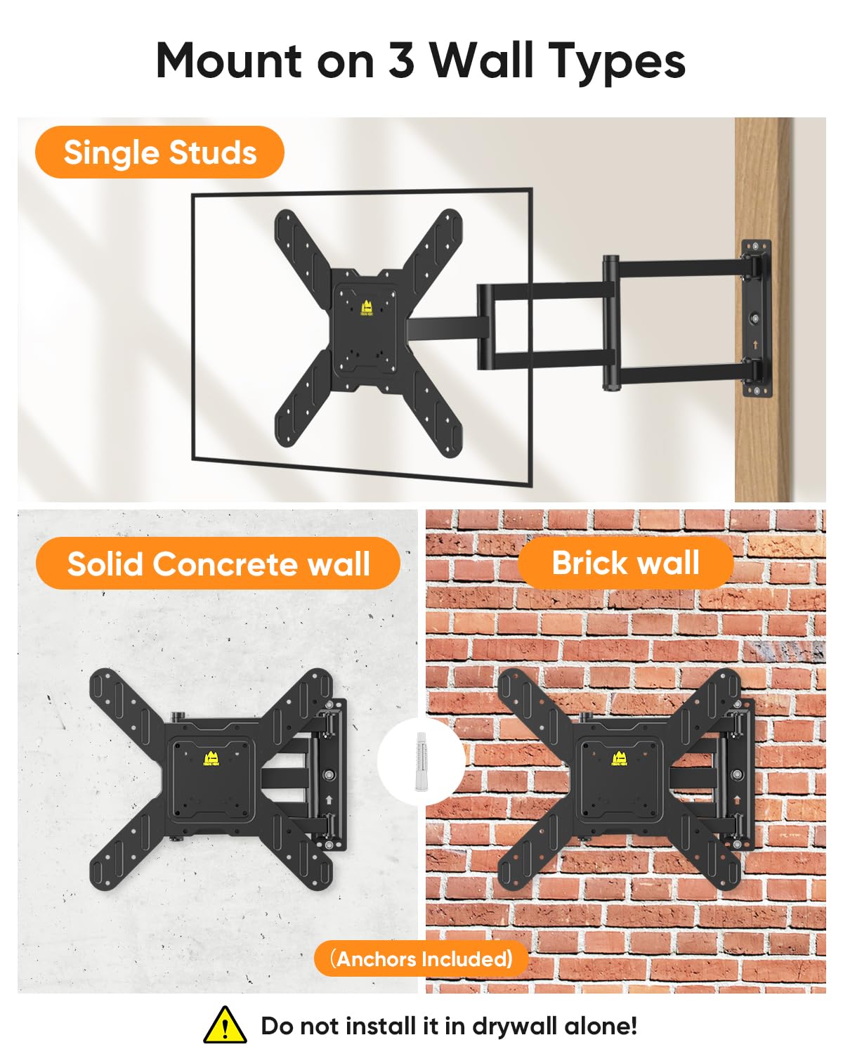 Corner TV Wall Mount for Most 26-65 Inch Flat Curved TVs, 3 Folding Arms Articulating TV Bracket Max VESA 400x400mm up to 77lbs