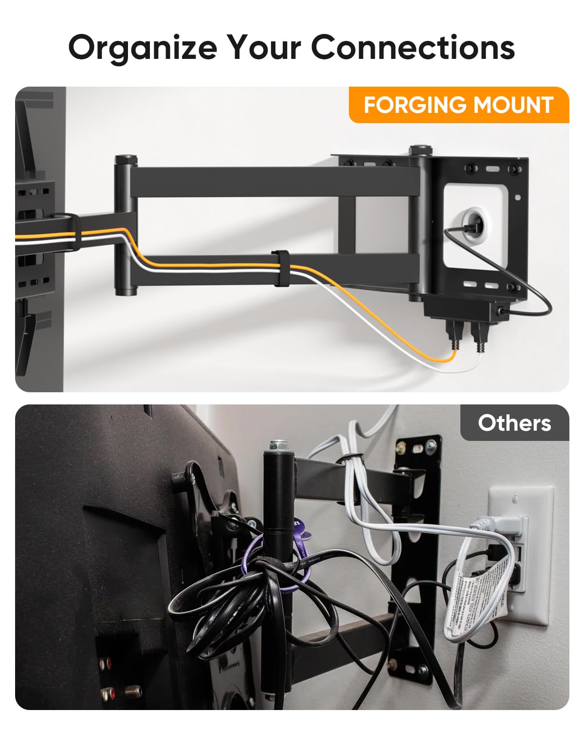 42 inch Long Arm TV Wall Mount with Power Strip, Full Motion Long Extension Articulating Corner TV Mount for 37 to 80 Inch Flat/Curve TVs, MAX VESA 600x400mm, Holds up to 110 lbs