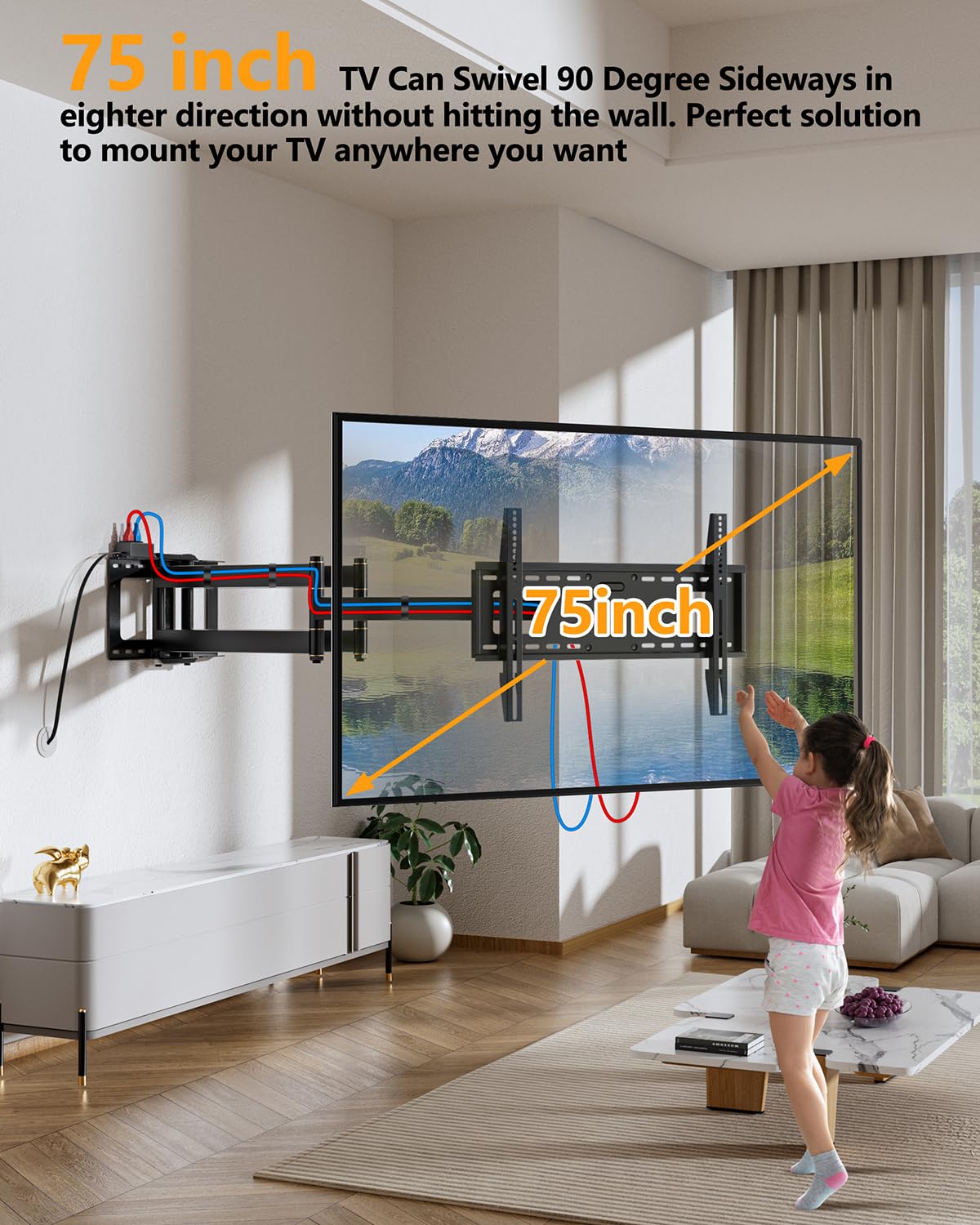 Long Reach TV Wall Bracket Mount Swivel Tilt Full Motion TV Bracket 43 inch Articulating Arm Wall Mount,Fits 50 to 100 Inch Flat/Curve TVs,Holds 198LBS,VESA 800x600mm HY9462-B