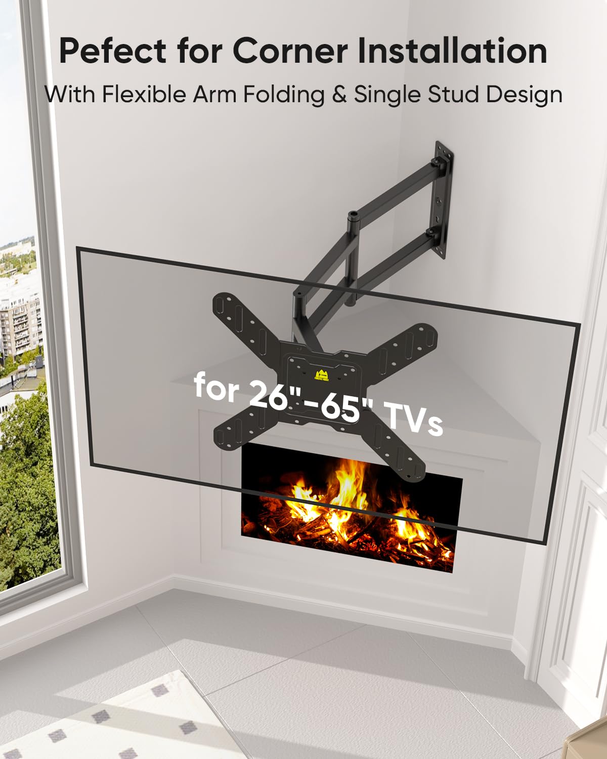 Corner TV Wall Mount for Most 26-65 Inch Flat Curved TVs, 3 Folding Arms Articulating TV Bracket Max VESA 400x400mm up to 77lbs