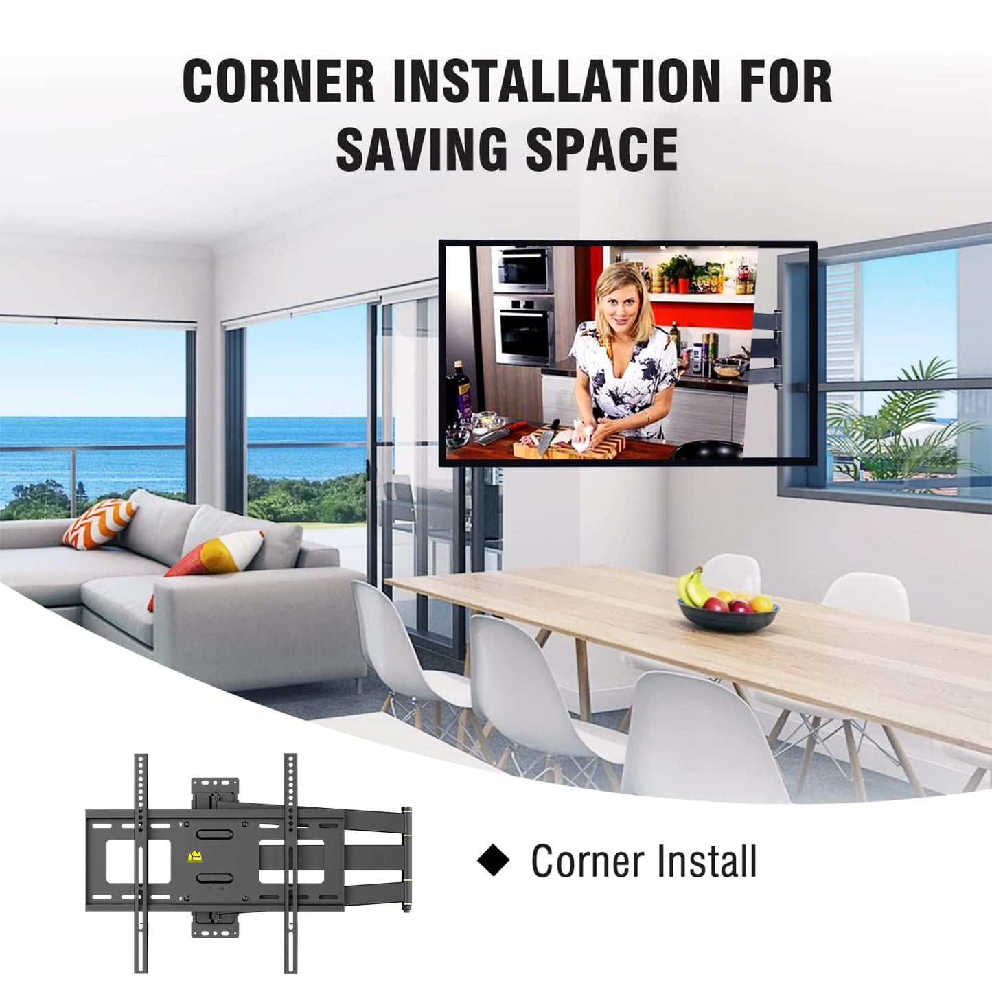 Corner TV Wall Mount Long Arm TV Mount for 23"-60" TVs-Easy to Install Single Stud Design- 33" of Smooth Extension Plus Swivel,Tilt,Holds 99lbs,Universal Bracket Max VESA 400X400mm,HY9414
