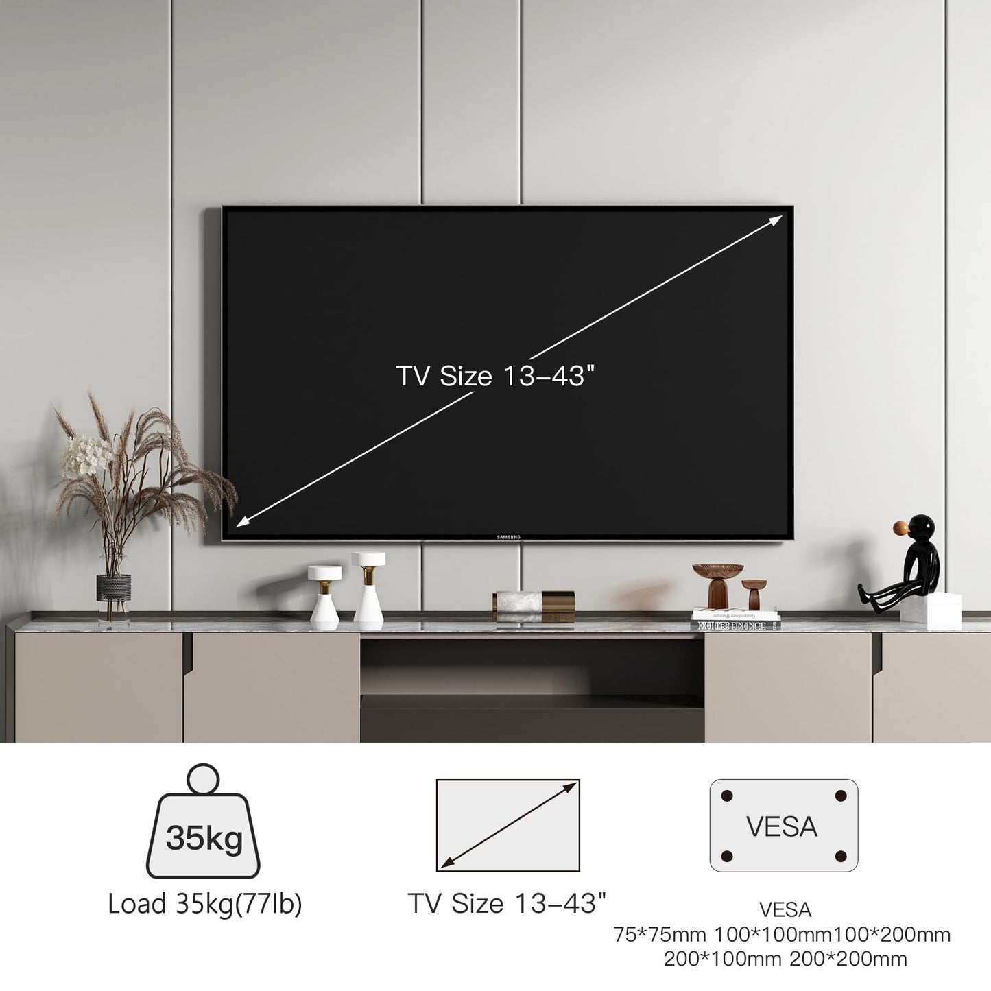 Corner TV Wall Mount with 25.6 inch Long Arm,Fit 13-43”TVs and Monitor, Max VESA 200x200mm, 12"/16” Wood Studs, Holds up to 77lbs