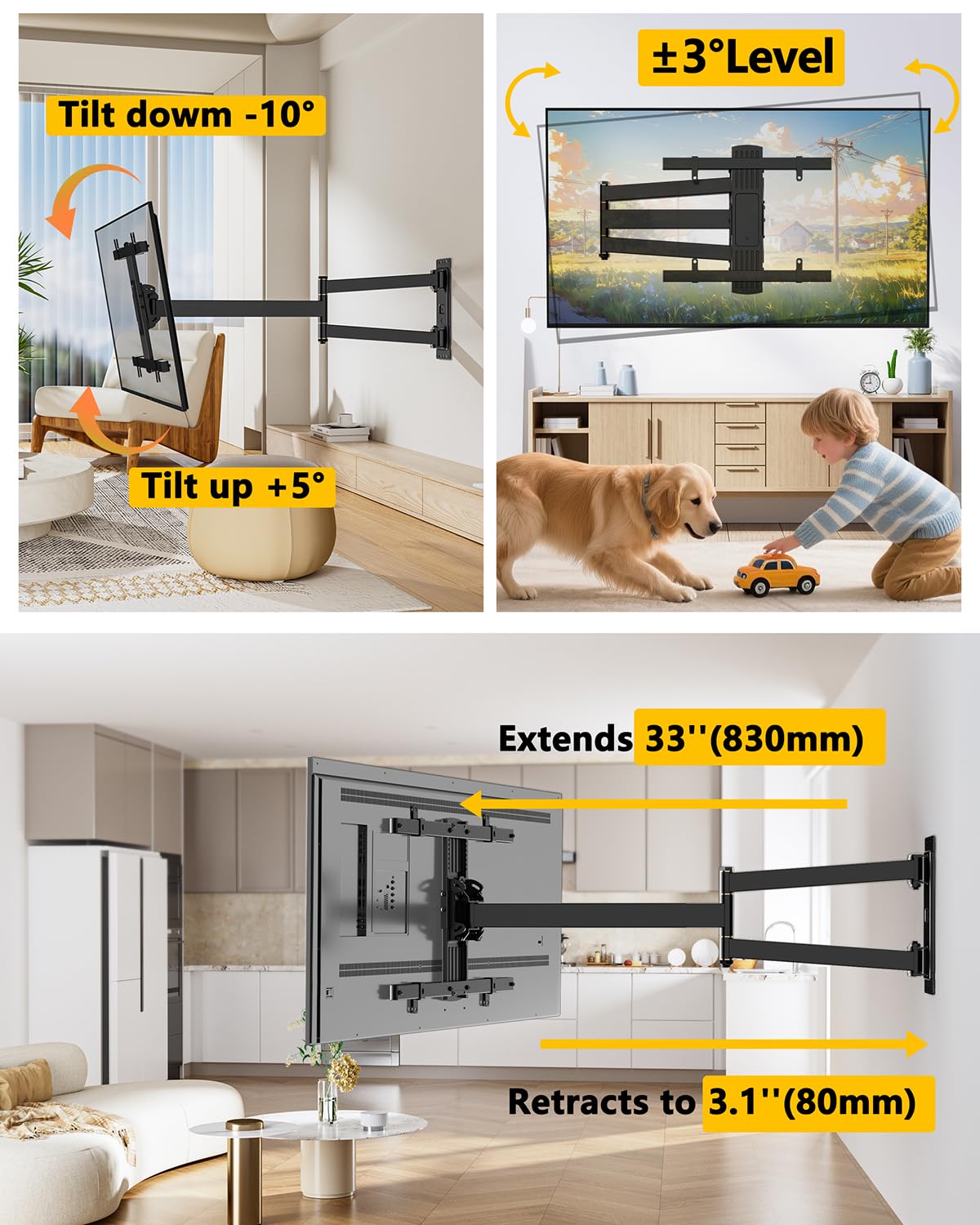 Corner TV Mount Long Arm TV Wall Mount Bracket for 27-70" Screen,VESA 400x400mm, Holds 100 lbs HY9488-B