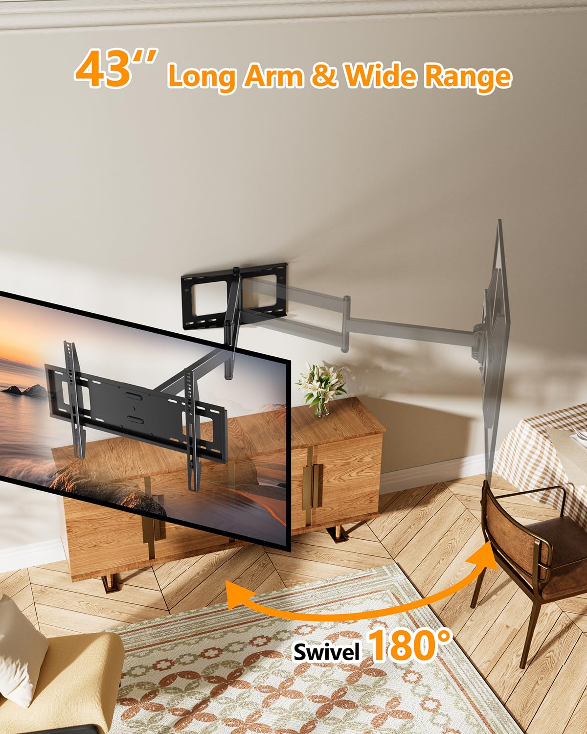 FORGING MOUNT Long Extension TV Mount Full Motion Wall Bracket with 42 inch Long Arm Articulating TV Wall Mount for 37 to 80 Inch Flat/Curve TVs, VESA 600x400mm Compatible, Holds up to 110 lbs-FM9388-B