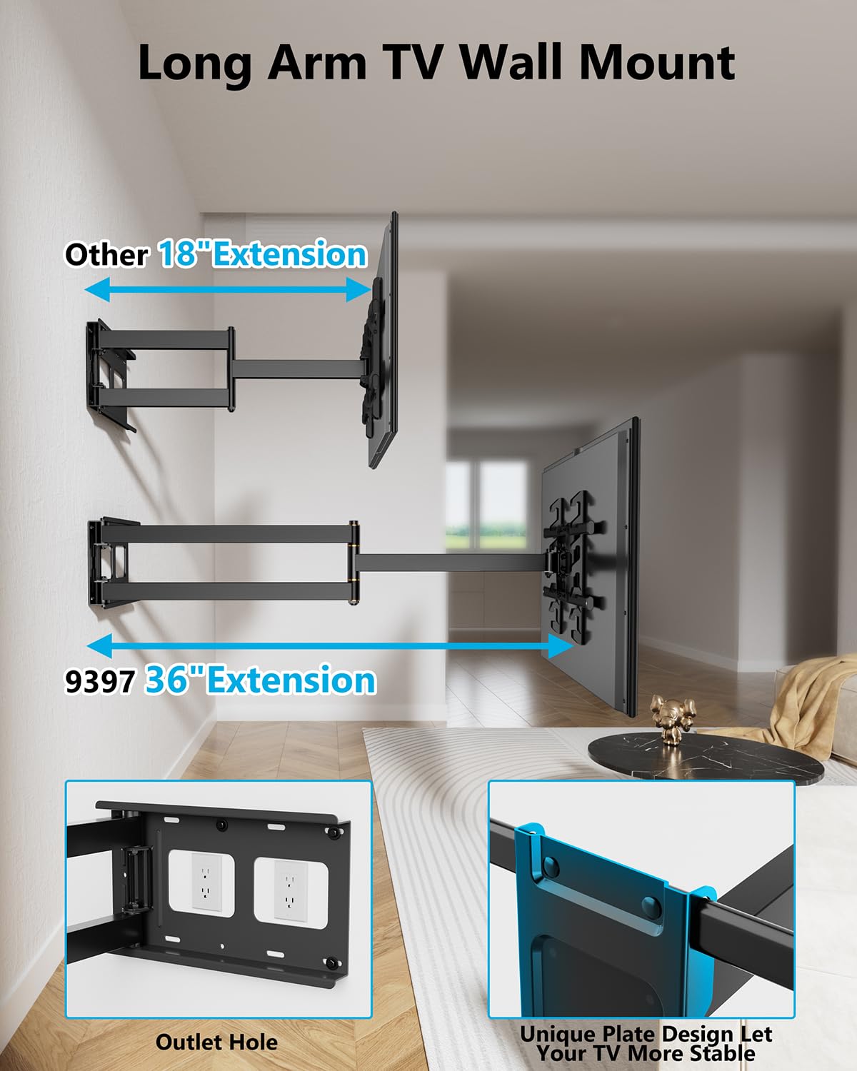 TV Mount, Height Setting Full Motion 36" Extends, Fits 42"-90" TVs,Holds 150lbs,VESA 600x400mm,Included HDMI Cable, HY9397-B
