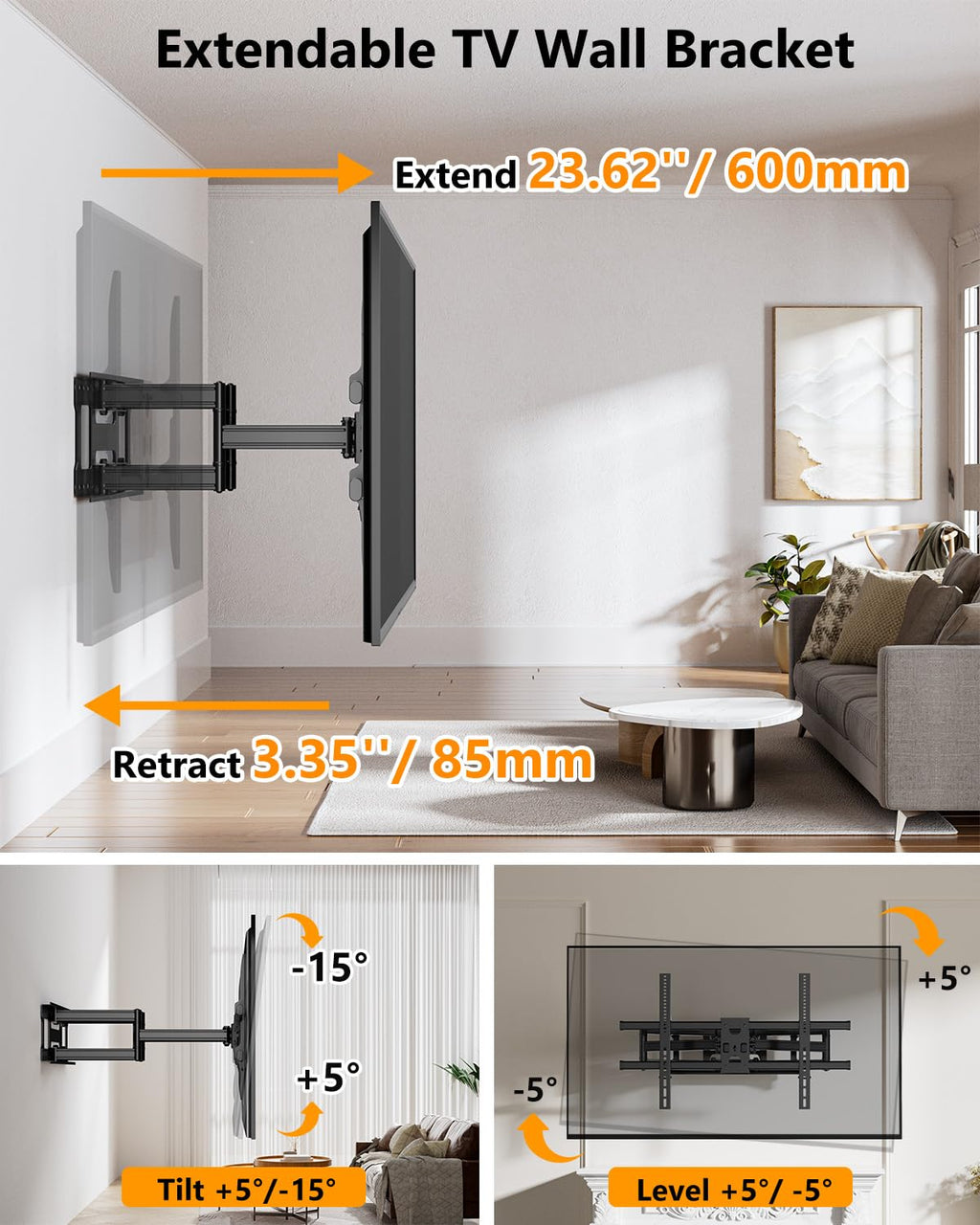 Heavy Duty 60 to 120 inch XXXL Full Motion TV Wall Mount Max VESA1000x600mm Up to 275lbs for Extra Large Big Screens,Universal Articulating TV Mount Bracket Swivel Tilt,16-24”Studs HY9491-B