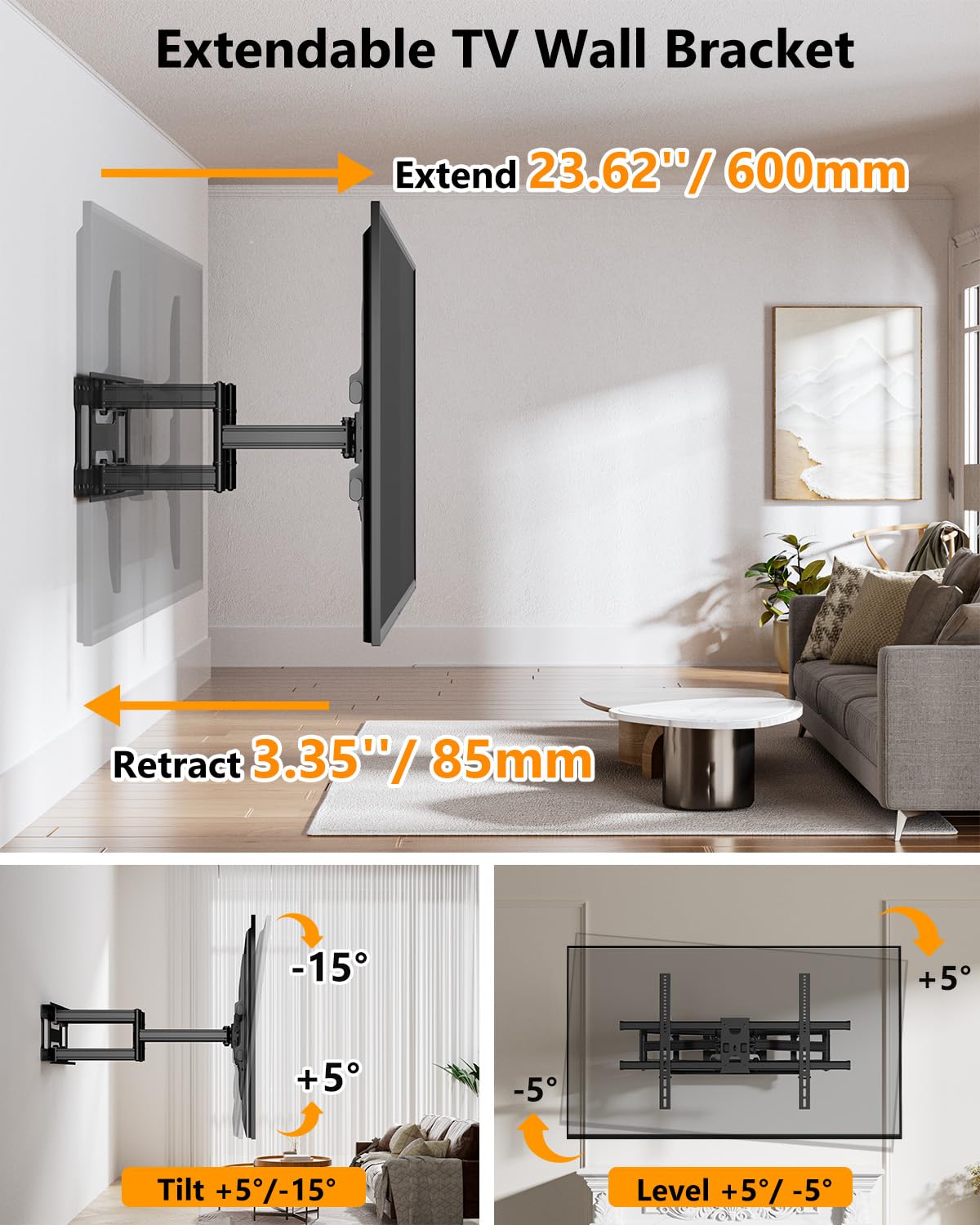 Heavy Duty 60 to 120 inch XXXL Full Motion TV Wall Mount Max VESA1000x600mm Up to 275lbs for Extra Large Big Screens,Universal Articulating TV Mount Bracket Swivel Tilt,16-24”Studs HY9491-B
