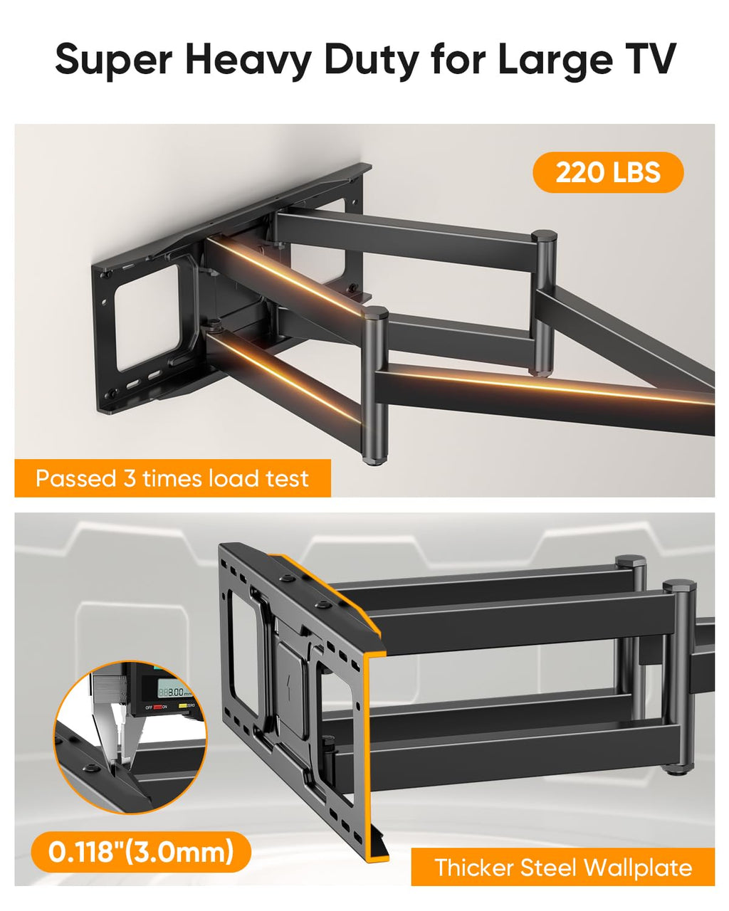 Heavy Duty Full Motion TV Wall Mount with 43" Long Arm Max VESA 900x600 for Extra Large 65 to 85,86,98,100 inch TVs,Holds 220lbs,16-24” Studs HY9458-B