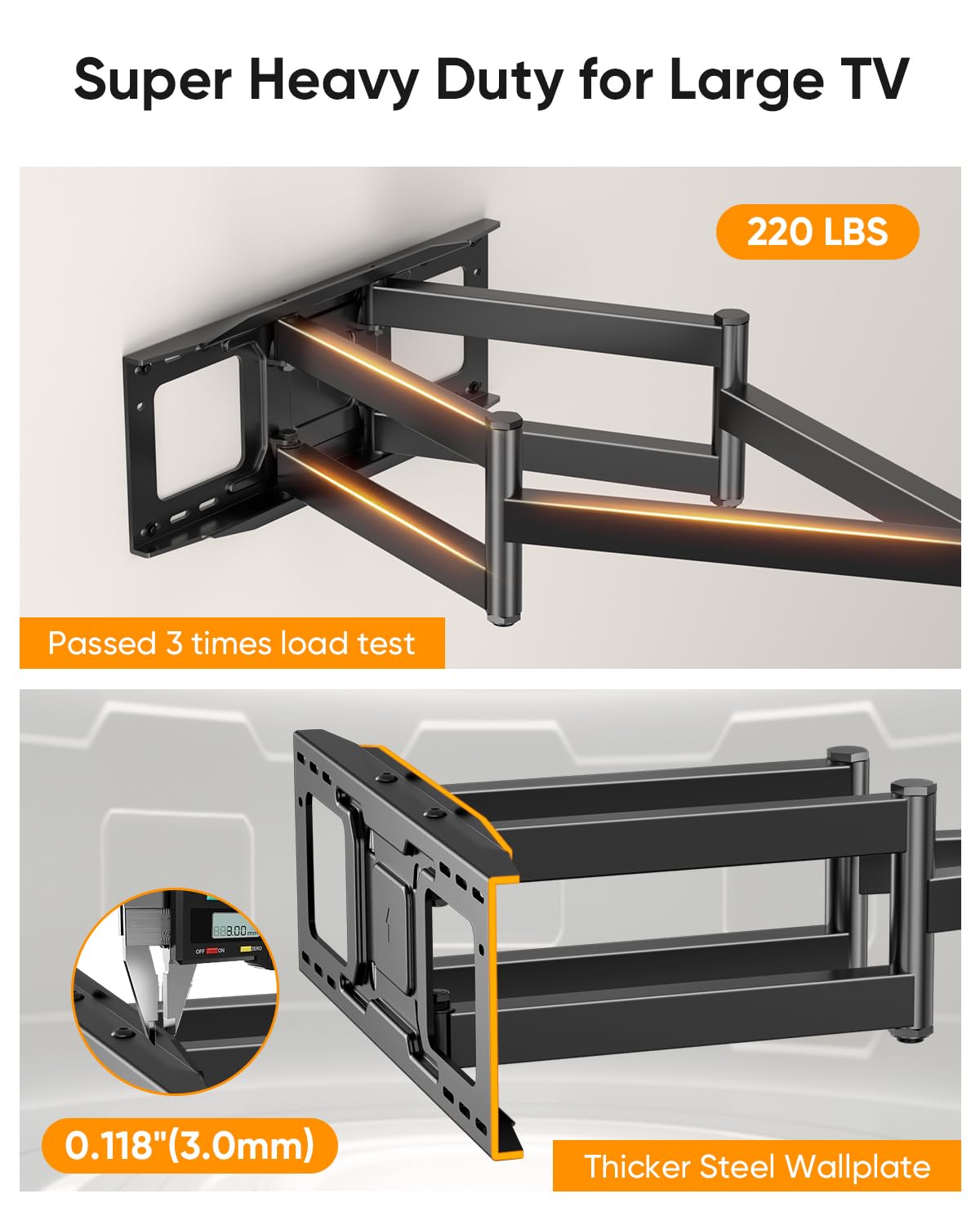 Heavy Duty Full Motion TV Wall Mount with 43" Long Arm Max VESA 900x600 for Extra Large 65 to 85,86,98,100 inch TVs,Holds 220lbs,16-24” Studs HY9458-B