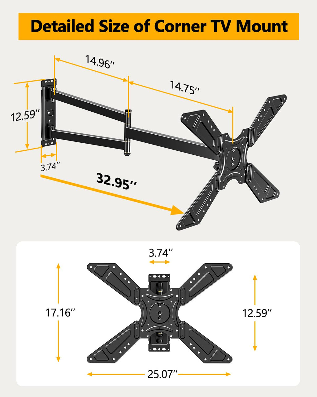Full Motion Corner TV Wall Mount for 32-75 Inch TVs Holds 110 lbs,33" Long Extension Arm with Landscape to Portrait Rotation, Swivel & Tilt,Vertical Rotating TV Mount,Max VESA 600x400mm