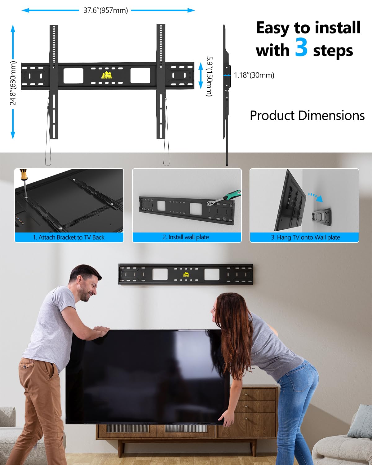 FORGING MOUNT Heavy Duty Fixed TV Wall Mount Holds up to 275Lbs for 65-110 inch TVs，16"/18"/24" Studs MAX VESA 900x600mm