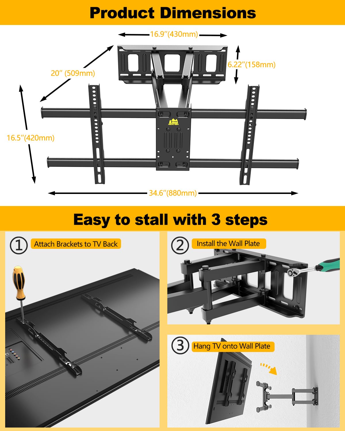 Full Motion TV Wall Mount for 42–95 Inch Screens, VESA 800x400mm Holds 132 lbs, 12″/16″ Wood Studs HY9459-B