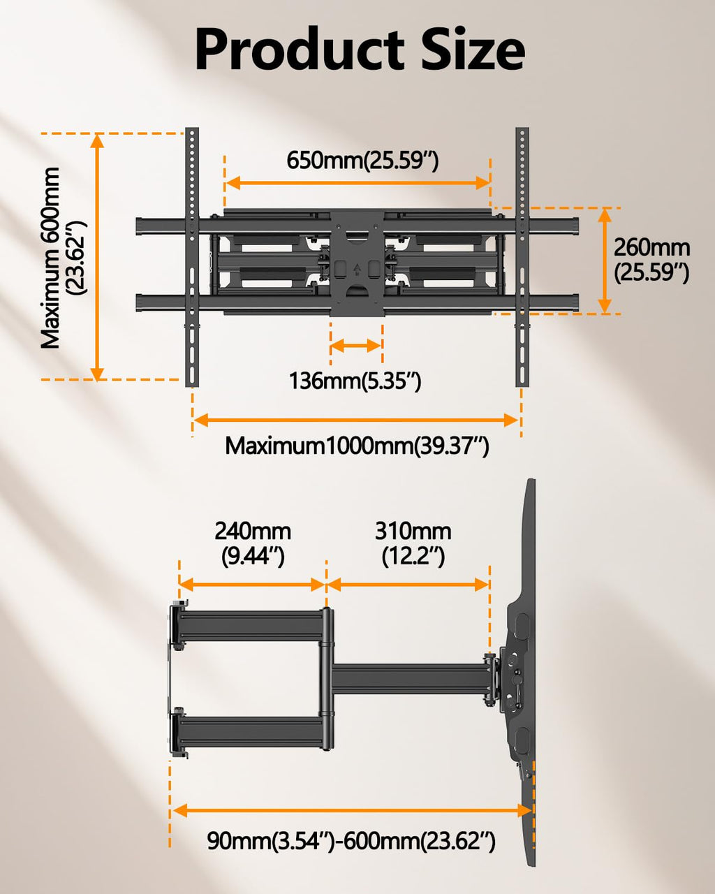 Heavy Duty 60 to 120 inch XXXL Full Motion TV Wall Mount Max VESA1000x600mm Up to 275lbs for Extra Large Big Screens,Universal Articulating TV Mount Bracket Swivel Tilt,16-24”Studs HY9491-B