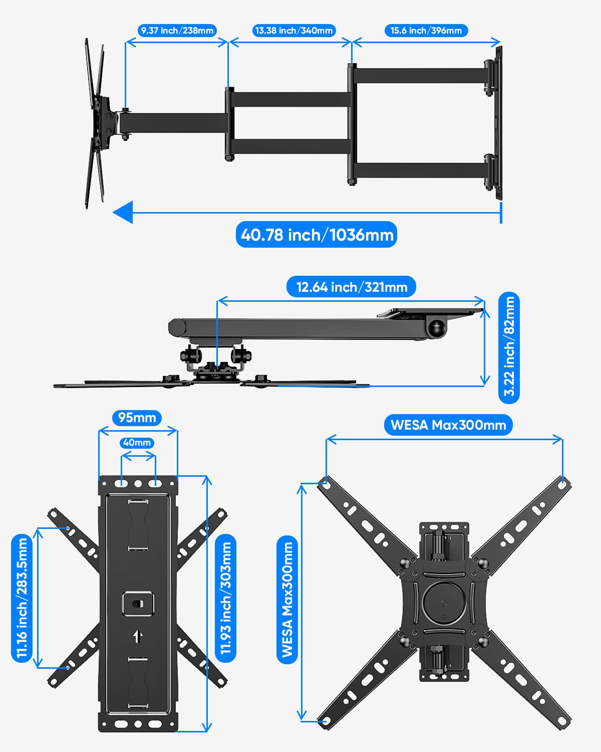 Long Arm TV Wall Mount for Most 17-50 Inch TVs, 40.7 Inch Long Extension TV Mount Swivel and Tilt, Full Motion Wall Mount TVS Bracket Fit Max VESA 300x300mm