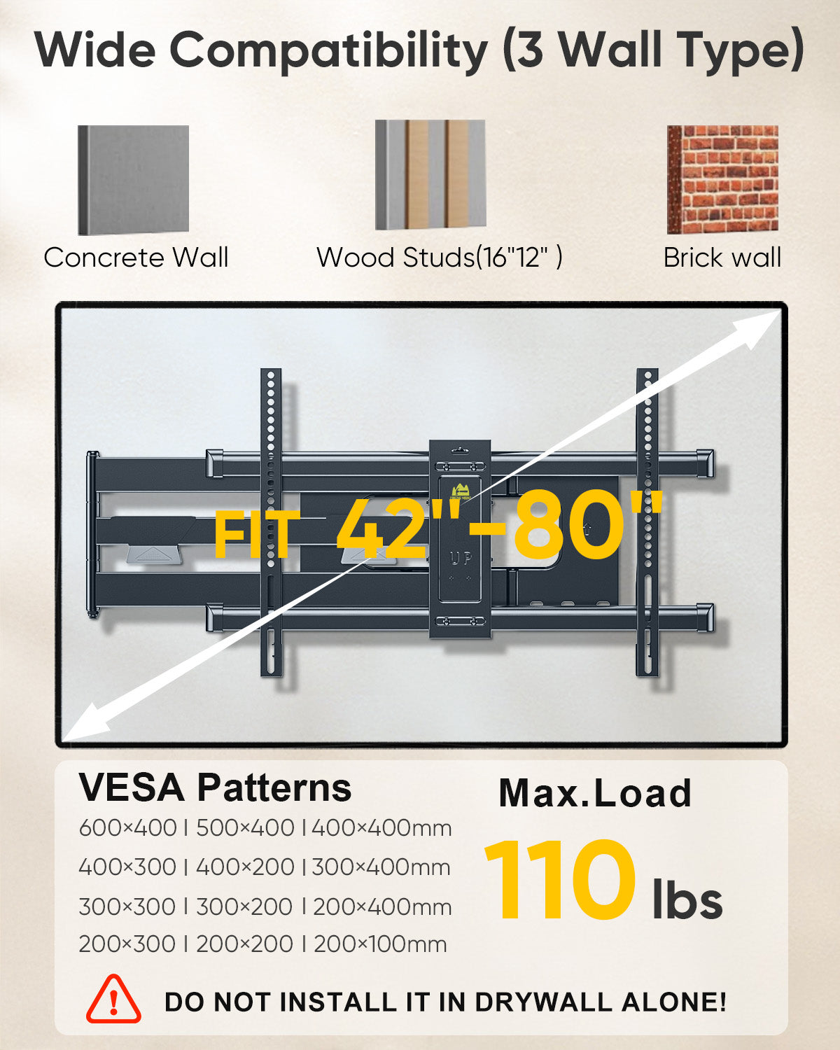 Full Motion Wall Mount TV Bracket with 43” Extension & Swivel Articulating Arm , Fits 42 to 80 Inch,Holds up to 110 lbs, VESA 600x400mm