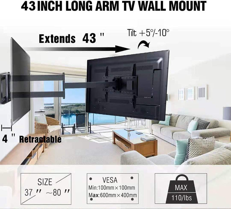 FORGING MOUNT Long Extension TV Mount Full Motion Wall Bracket with 42 inch Long Arm Articulating TV Wall Mount for 37 to 80 Inch Flat/Curve TVs, VESA 600x400mm Compatible, Holds up to 110 lbs-FM9388-B