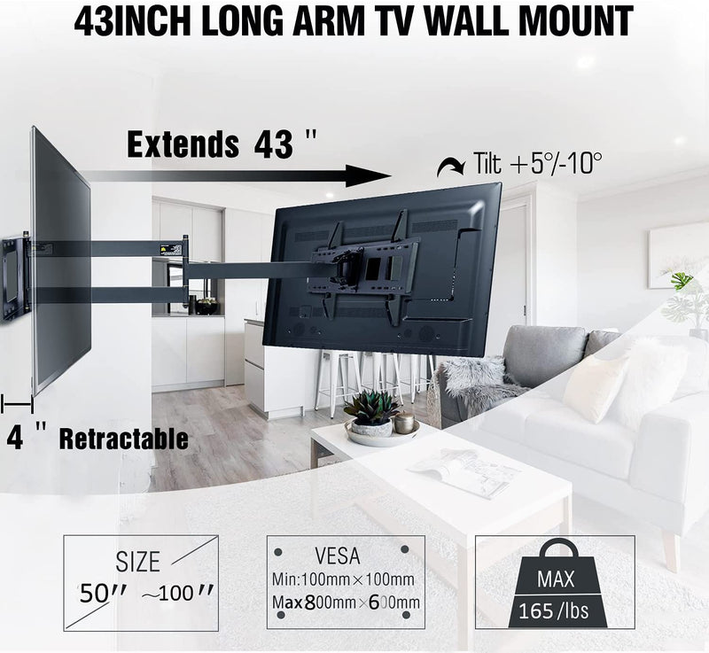 TV Mount,Dual Articulating 43 inch Long Arm Full Motion TV Wall Mount,Fits 50-100 Inch TV, VESA800x600mm & 8ft HDMI HY9402-B