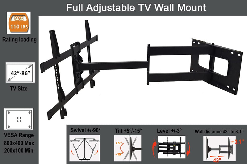 Long Arm TV Mount with 43" Extension Articulating Arm, Fits 42 to 86 Inch Flat/Curve TVs, Holds 110 lbs, Max VESA 800x400mm, HY9403-B