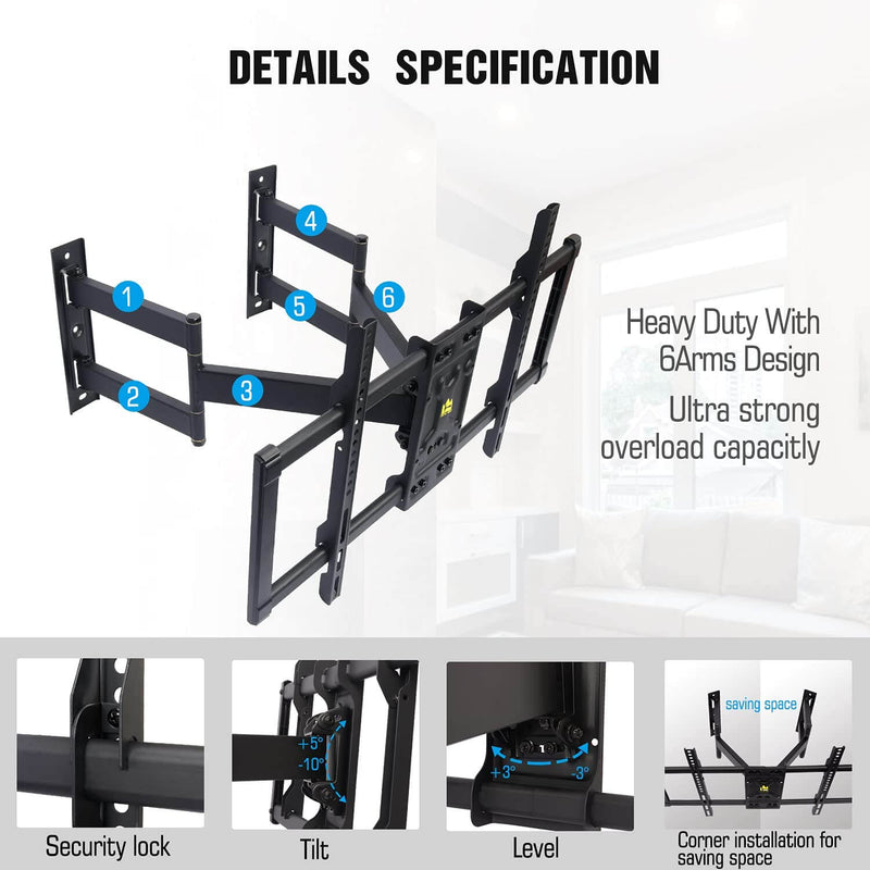 Corner TV Wall Mount Full Motion TV Corner Mount Bracket Fits 32"-65" TVs- Holds 110 lbs Max VESA 600x400 W/Tilt, Swivel and Level-HY9395-B