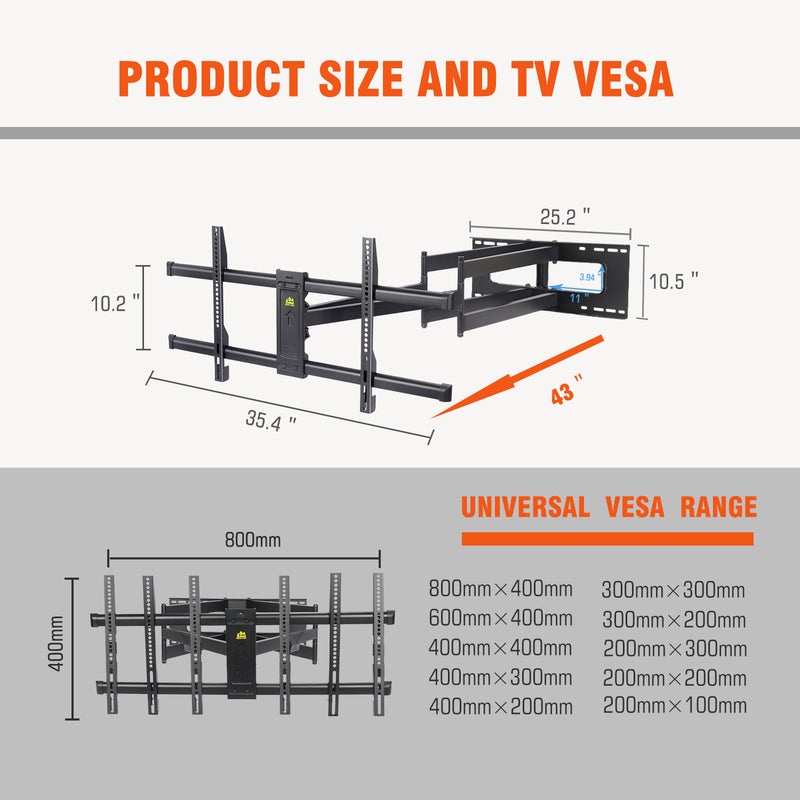 Long Arm TV Wall Mount for Most 42-95inch TVs,Full Motion TV Mount with 43" Extension Arms,Tilt Swivel TV Bracket Fits 16-24" Wood Studs Holds 154lbs,Max VESA800x400MM by FORGING MOUNT-FM9452-B