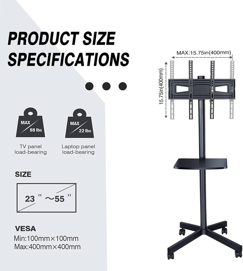 TV Cart for 23-55" TV Mobile TV Stand on Wheels Rolling Floor Stand with DVD Tray, fits VESA 400x400mm, Holds 80 lbs