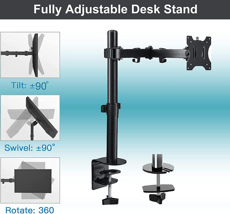 Single Monitor Arm Stand Desk Mount Fully Adjustable Stand fits 13 to 32 inch Screens,Adjustable Height,Tilt, Swivel, Rotation,22 lbs Weight Capacity VESA 75,100