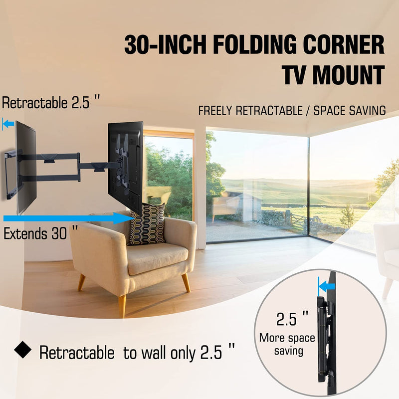 Long Extension TV Mount Corner Wall Mount TV Bracket Full Motion with 30 inch Long Arm its 37 to 75" Flat/Curve TVs-HY9389-B