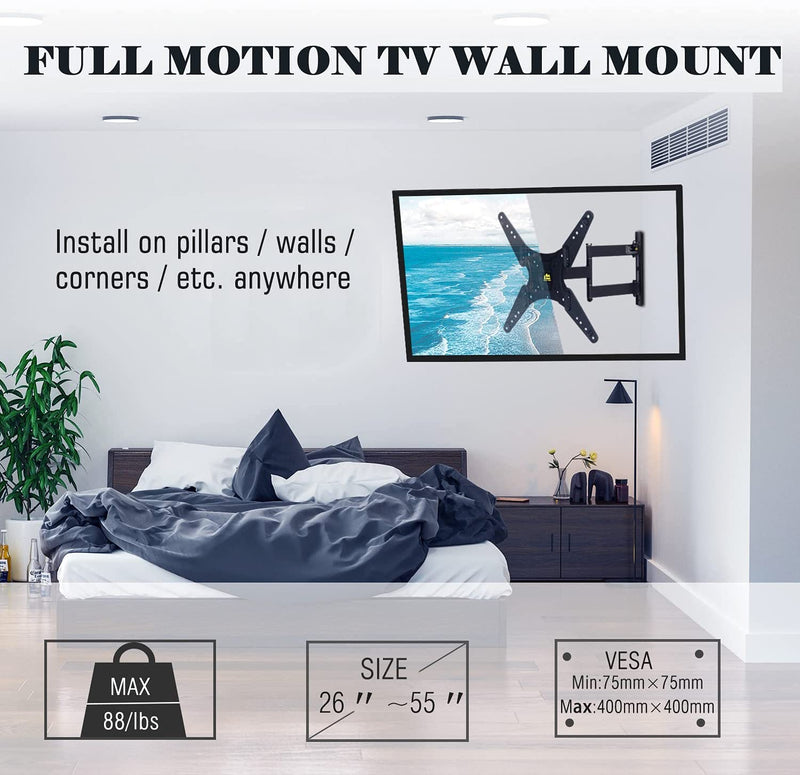 TV Wall Mount Single Stud Articulating Arm Full Motion TV Bracket for Most 26-55" TVs with Tilt, Swivel & Extends 18.5" Holds 88lbs VESA 400x400mm