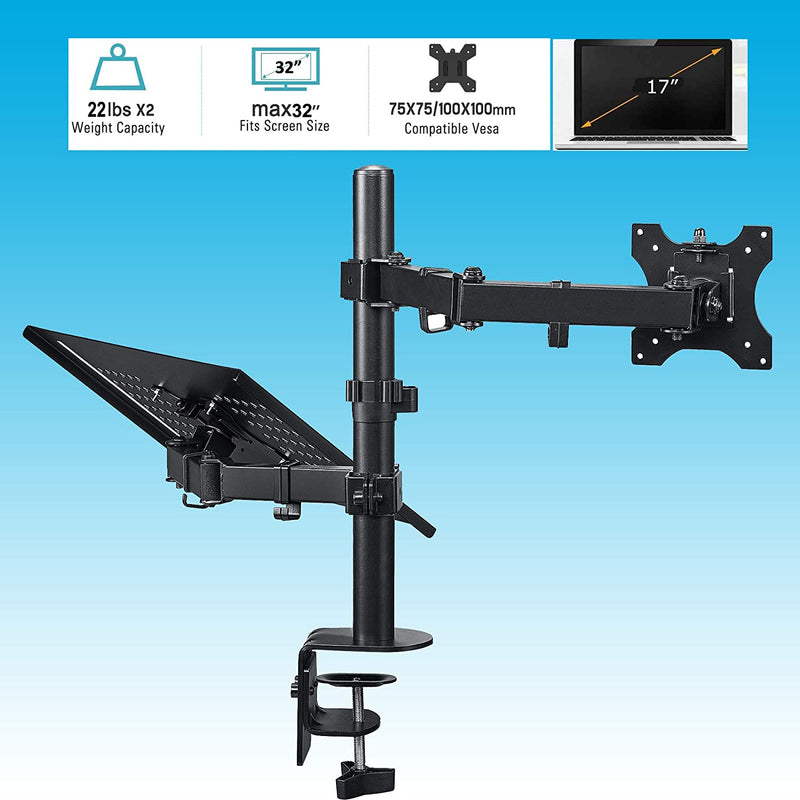 Laptop Monitor Mountstand with Keyboard Tray,Adjustable Monitor arm Desk Mount with Clamp&Grommet Mounting Base for 13-32'' LCD ComputerScreens Upto 22lbs,Notebook upto17''