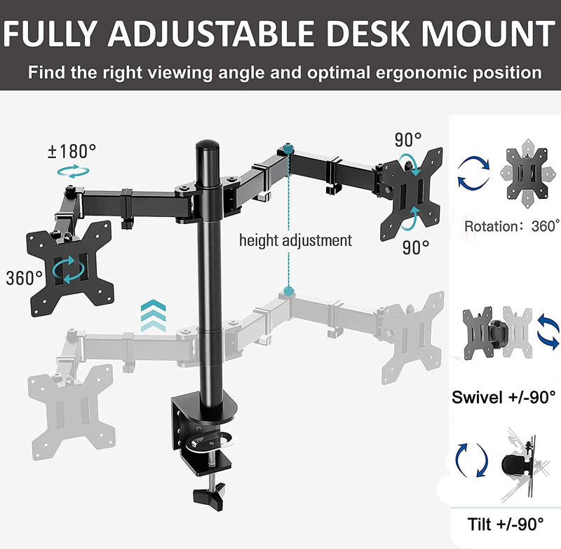Dual Monitor Desk Stand Mount, Full Motion Adjustable Computer Monitor Arm Mount Fits 13" to 27" LCD Screens, VESA 75 100,Each Arm Holds up to 22lbs,with C-Clamp and Grommet Base