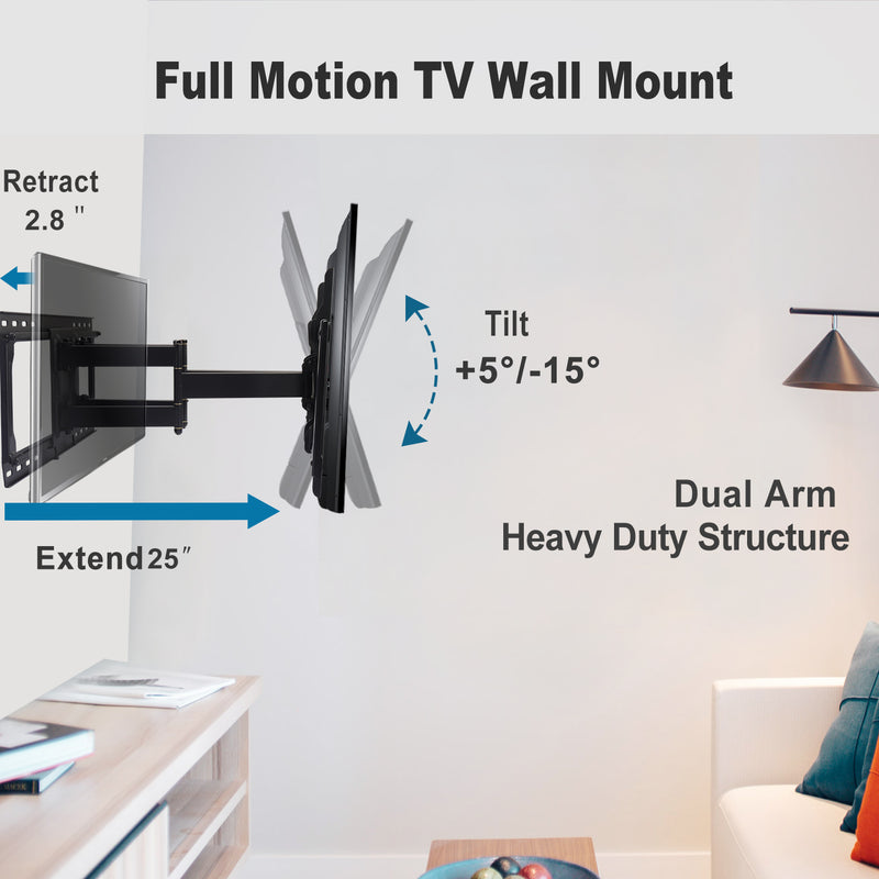 Sliding TV Mount for TV Centering Full Motion TV Wall Mount with 25" Dual Articulating Arm for 37-82" TVs,Fits 16-24" Studs,Loads 132Lbs Max VESA 600x400mm,by FORGING MOUNT-HY9396-B