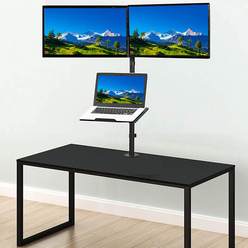 Dual Monitor with Laptop Stand Mount - Height Adjustable Dual Monitor arm Mount Desk Stand with Laptop Tray Fit Two 13 to 30 Inch Flat Curved Computer Screens and 10 to 19 Inch Notebooks