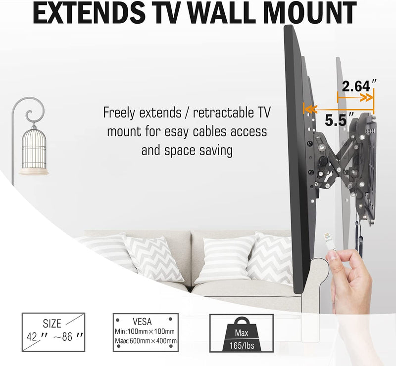 Tilt Extension TV Wall Mount for Most 42-90" TVs-5.6" Extends for Max Tilt On Large TVs,fits 16-24" Studs,VESA 600x400mm,Holds 165 LBS，HY9188-B