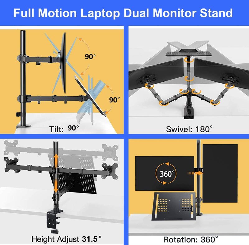 Dual Monitor with Laptop Stand Mount - Height Adjustable Dual Monitor arm Mount Desk Stand with Laptop Tray Fit Two 13 to 30 Inch Flat Curved Computer Screens and 10 to 19 Inch Notebooks