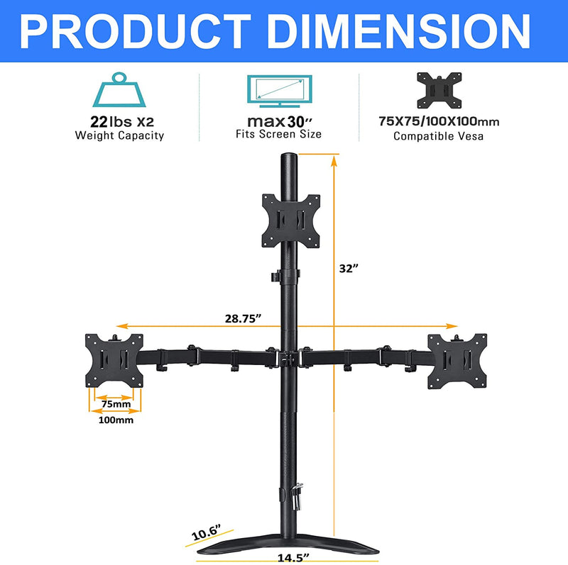 Triple Monitor Stand Mount -Free Standing Fully Adjustable Monitor Desk Mount Full Motion with Grommet Base - Fits 3 LCD LED OLED Screens 13-30 Inches, Each Arm Holds up to 22lbs