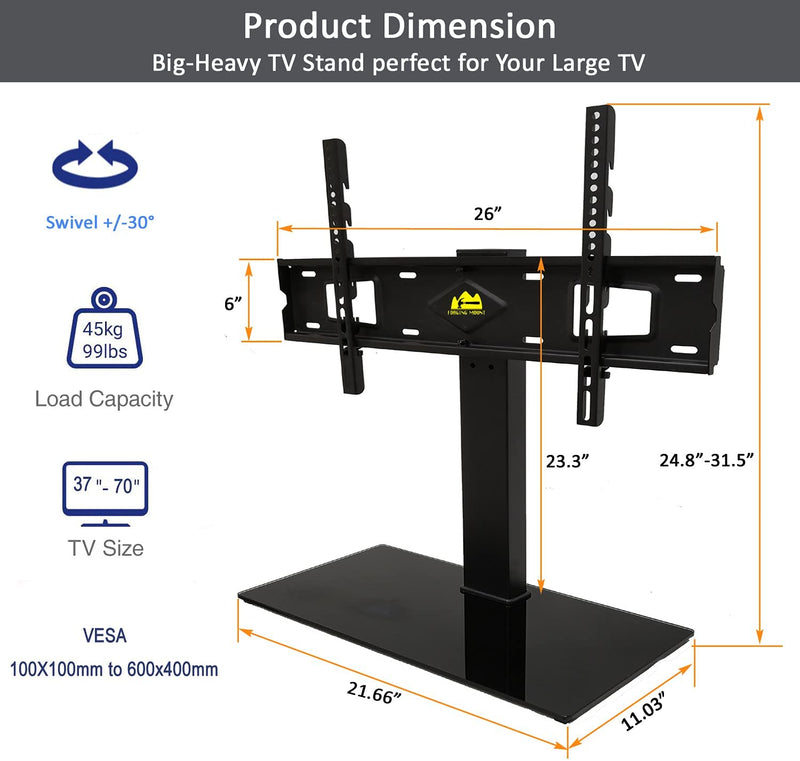 Swivel Univerial TV Stand Table Top TV Base for 37-70" with Tempered Glass Base ,VESA 600x400mm