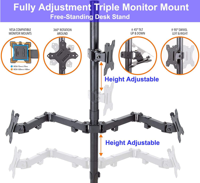 Triple Monitor Stand Mount -Free Standing Fully Adjustable Monitor Desk Mount Full Motion with Grommet Base - Fits 3 LCD LED OLED Screens 13-30 Inches, Each Arm Holds up to 22lbs
