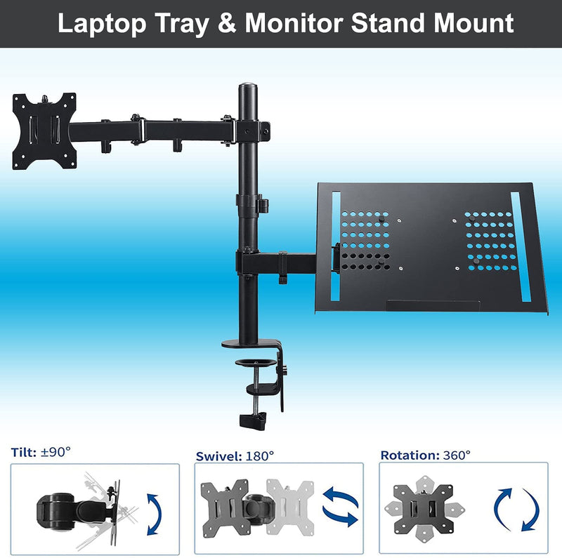 Laptop Monitor Mountstand with Keyboard Tray,Adjustable Monitor arm Desk Mount with Clamp&Grommet Mounting Base for 13-32'' LCD ComputerScreens Upto 22lbs,Notebook upto17''