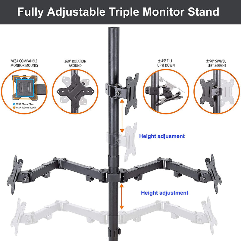 Triple Monitor Stand -Fully Adjustable Monitor Desk Mount Full Motion with C-Clamp and Grommet Base - Fits 3 LCD LED OLED Screens 13-30 Inches, Each Arm Holds up to 22lbs