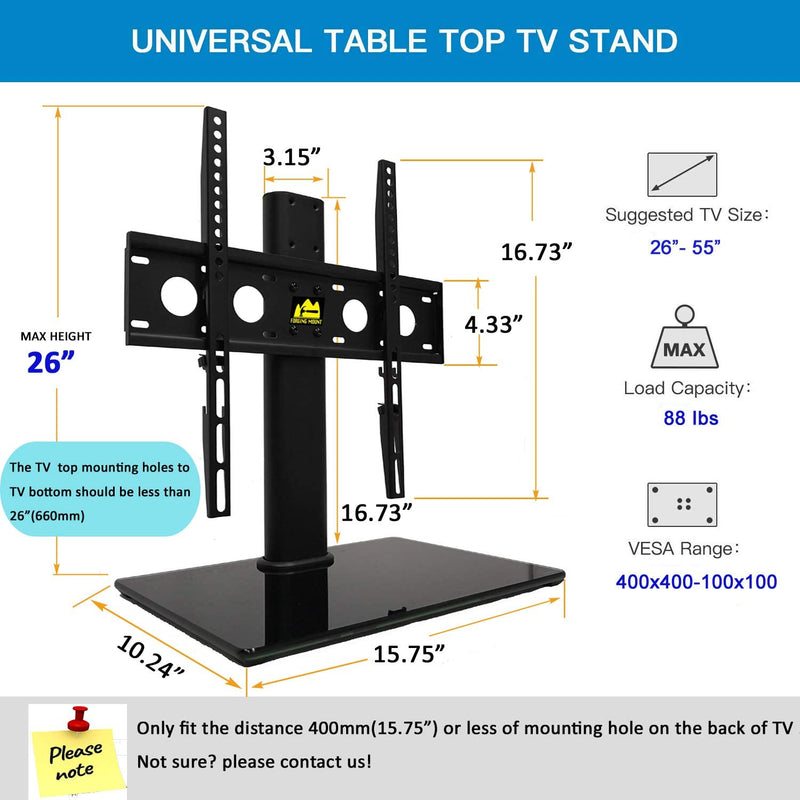 Universal TV Stand Base Tabletop TV Stand for 26 to 55 Inch TVs -Height Adjustable TV Base Stand with Tempered Glass Base & Wire Management & Security Wire, Holds up to 88lbs, VESA 400x400mm(Max)